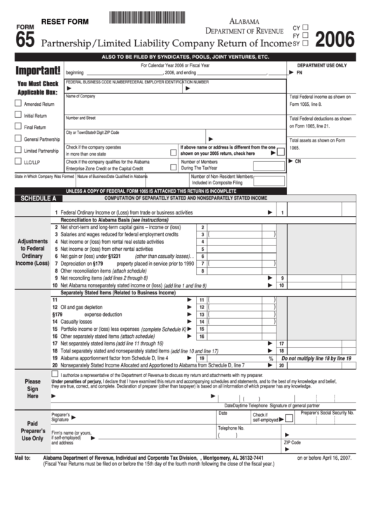 Fillable Form 65 - Partnership/limited Liability Company Return Of Income - 2006 Printable pdf
