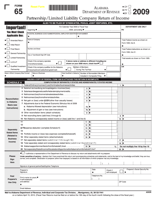 Fillable Form 65 - Partnership/limited Liability Company Return Of Income - 2009 Printable pdf