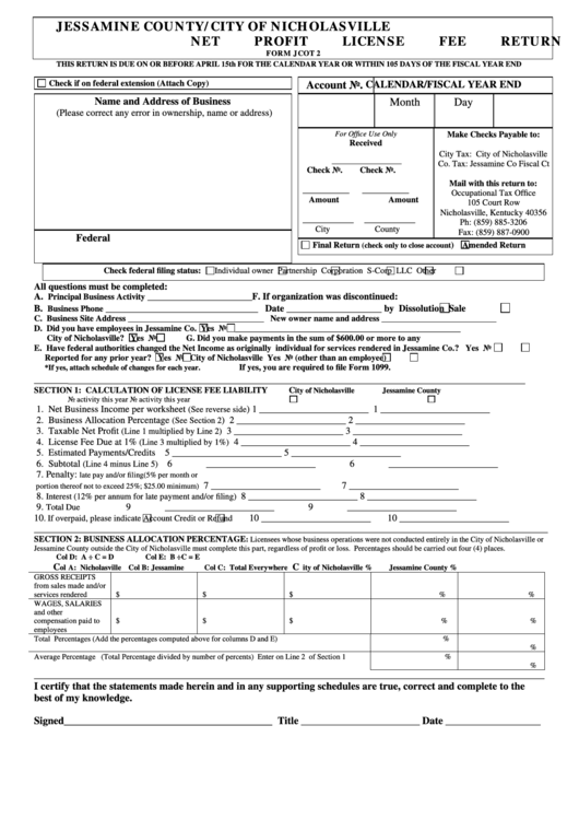 Form Jcot 2 - Jessamine County/city Of Nicholasville Net Profit License Fee Return Printable pdf