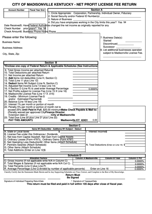 City Of Madisonville Kentucky - Net Profit License Fee Return Form Printable pdf