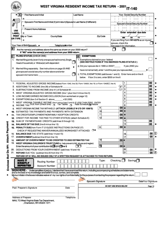 Form It-140 - West Virginia Resident Income Tax Return 2001 Printable pdf