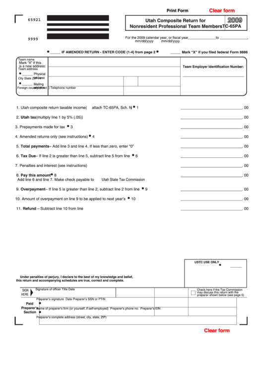 Fillable Form Tc-65pa - Utah Composite Return For Nonresident Professional Team Members Printable pdf