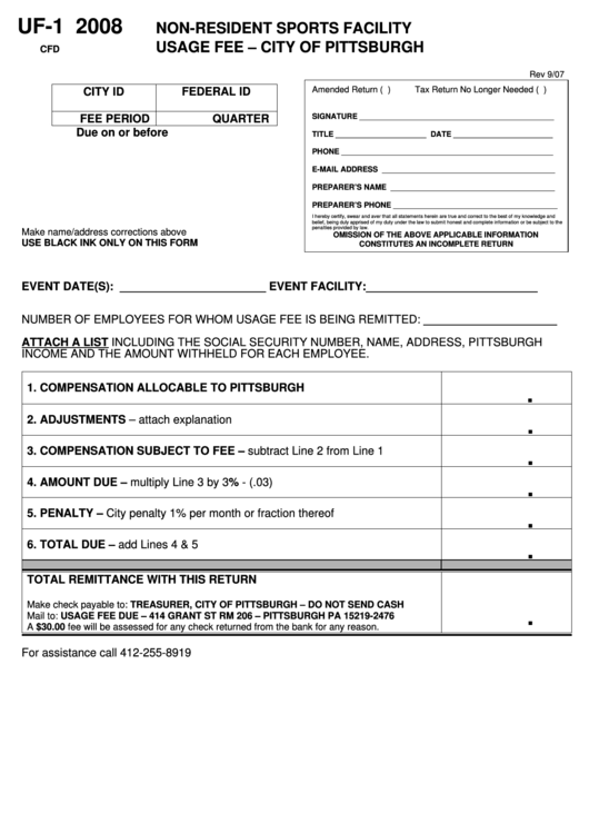 Form Uf-1 - Non-Resident Sports Facility Usage Fee - 2008 Printable pdf
