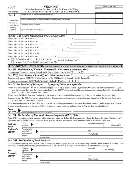 Form Vt 8453 - Individual Income Tax Declaration For Electronic Filing - 2005 Printable pdf
