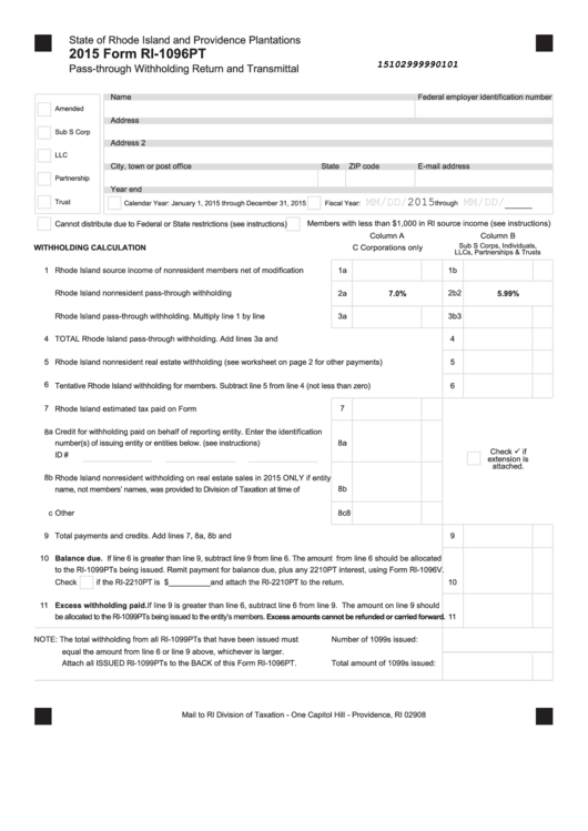 Fillable Form Ri-1096pt - Pass-Through Withholding Return And Transmittal - 2015 Printable pdf