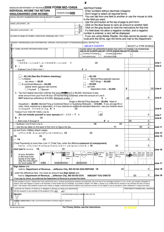 Fillable Form Mo-1040a - Individual Income Tax Return Songle/married (One Income) - 2008 Printable pdf