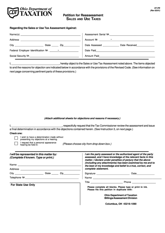 Fillable Form St-Pr - Petition For Reassessment Sales And Use Taxes Printable pdf
