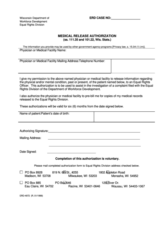 Form Erd-4972 - Medical Release Authorization Printable pdf