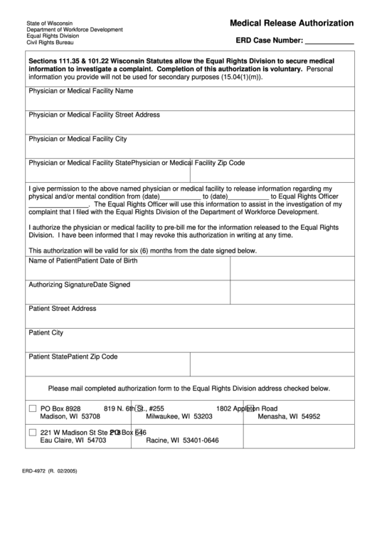 Form Erd-4972 - Medical Release Authorization - State Of Wisconsin Department Of Workforce Development Printable pdf