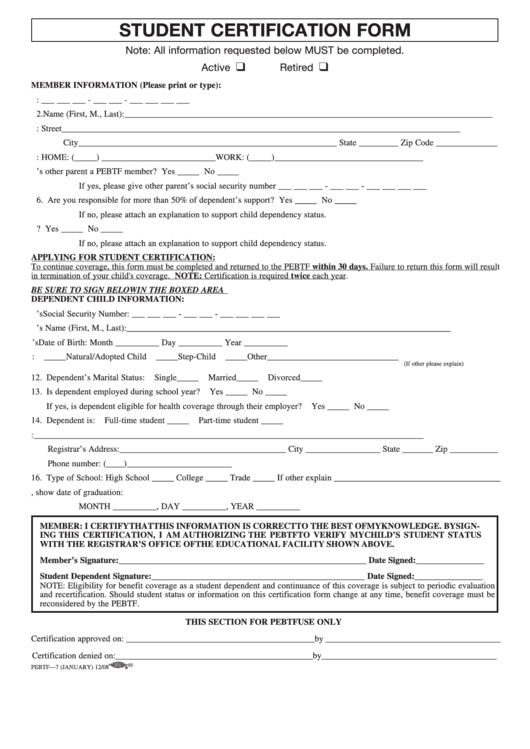 Form Pebtf-7 - Student Certification Form Printable pdf