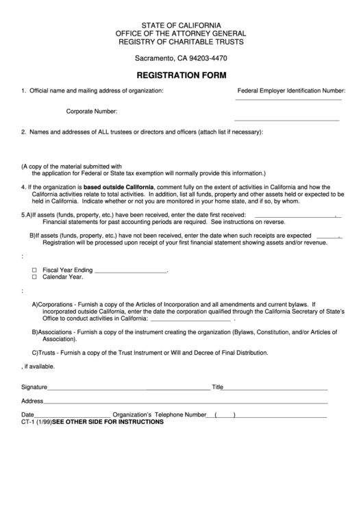 Form Ct-1 - Registration Form - State Of California Office Of The Attorney General Printable pdf