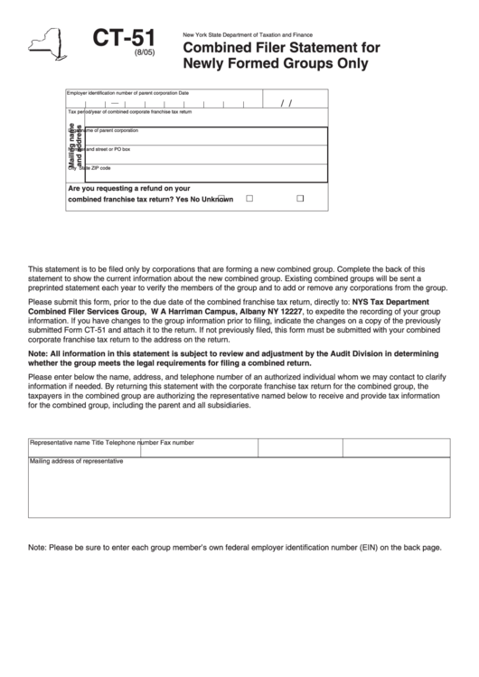 Form Ct-51 - Combined Filer Statement For Newly Formed Groups Only Printable pdf