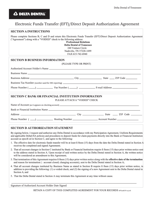Fillable Electronic Funds Transfer (Eft)/direct Deposit Authorization Agreement Form Printable pdf