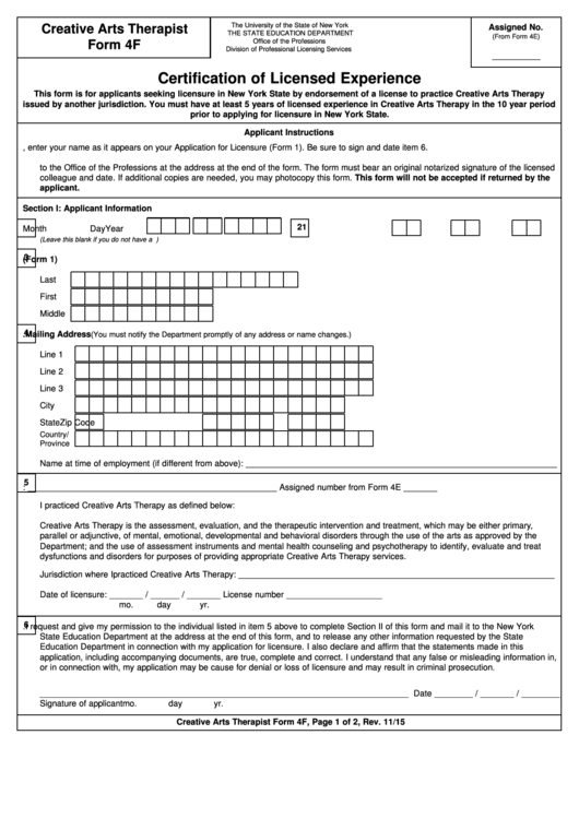 Creative Arts Therapy Form 4f - Certification Of Licensed Experience - 2015 Printable pdf