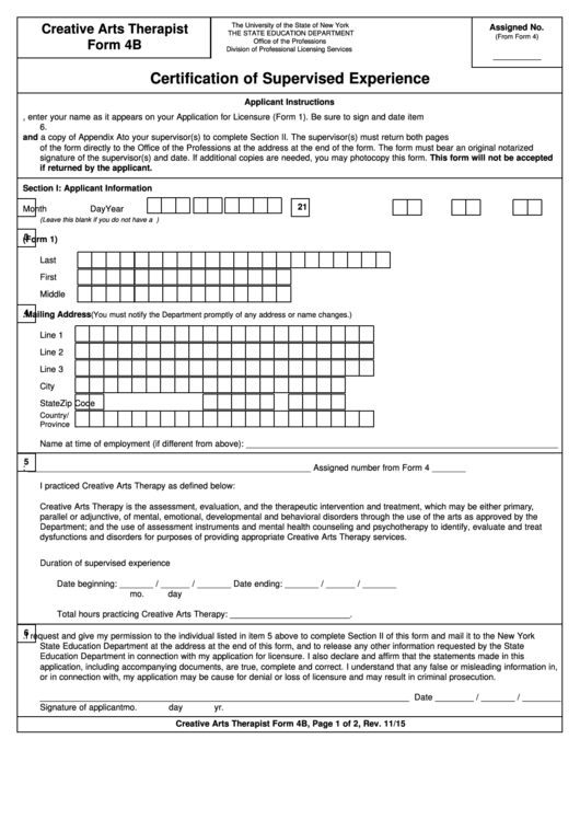 Creative Arts Therapy Form 4b - Certification Of Supervised Experience - 2015 Printable pdf
