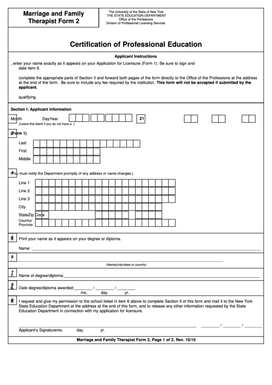 Marriage And Family Therapy Form 2 - Certification Of Professional Education - 2010 Printable pdf