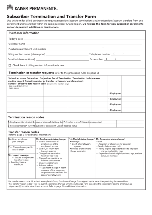 Fillable Subscriber Termination And Transfer Form - Kaiser Printable pdf