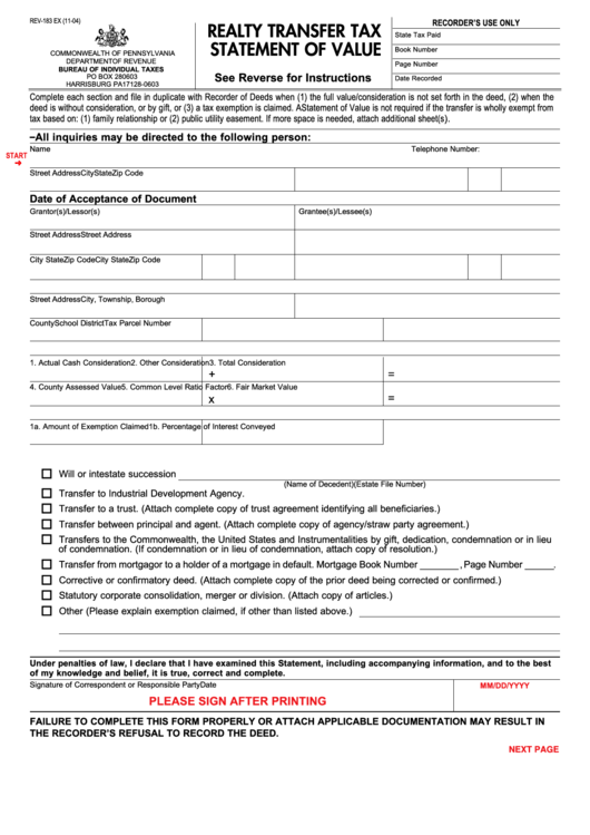 Form Rev-183 Ex - Realty Transfer Tax Statement Of Value Printable pdf