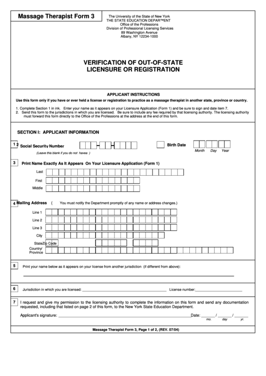 Massage Therapy Form 3 - Verification Of Out-Of-State Licensure Or Registration - New York The State Education Department Printable pdf