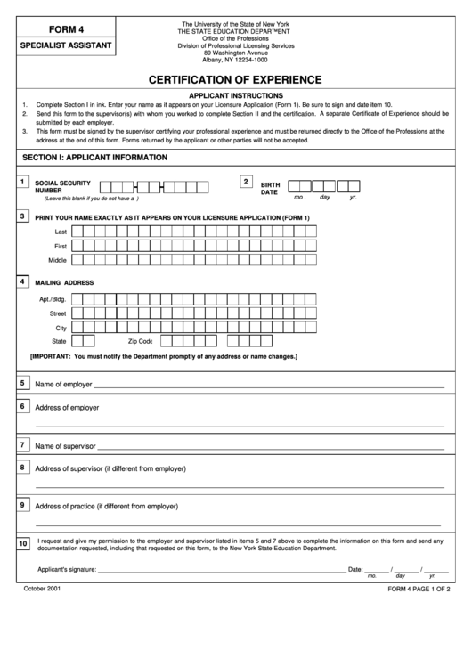 Specialist Assistant Form 4 - Certification Of Experience - New York The State Education Department Printable pdf