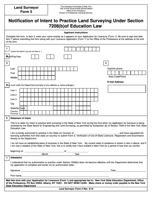 Land Surveying Form 5 - Notification Of Intent To Practice Land Surveying Under Section 7208(B) Of Education Law - New York The State Education Department Printable pdf