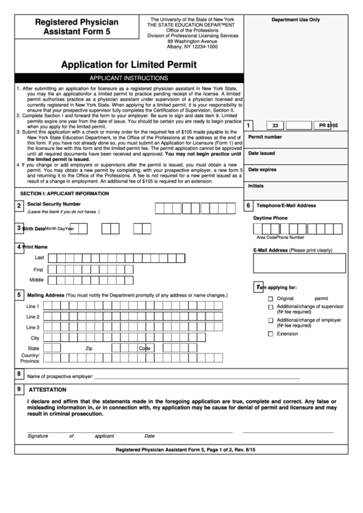 Physician Assistant Form 5 - Application For Limited Permit - New York The State Education Department Printable pdf