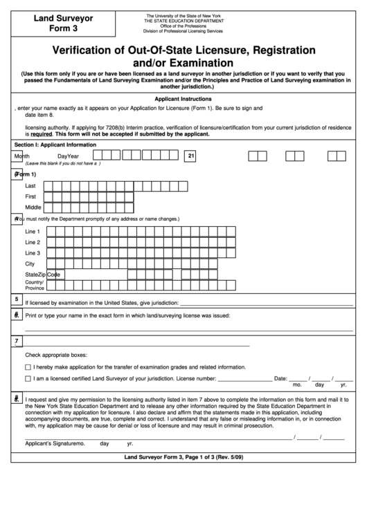 Land Surveying Form 3 - Verification Of Out Of State Licensure, Registration And/or Examination - New York The State Education Department Printable pdf