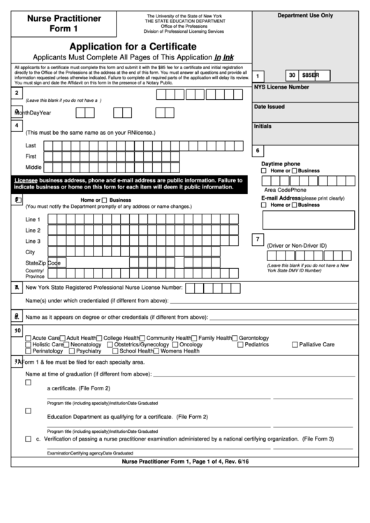 Nurse Practitioner Form 1 - Application For A Certificate - 2016 Printable pdf