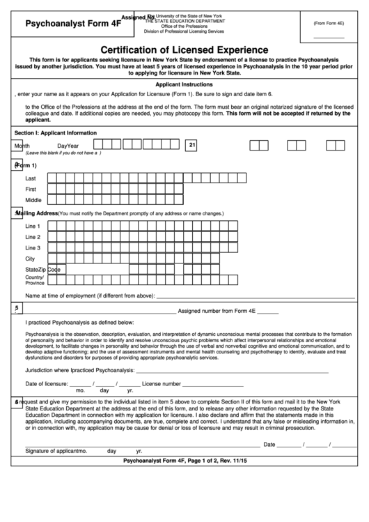 Psychoanalysis Form 4f - Certification Of Licensed Experience - 2015 Printable pdf