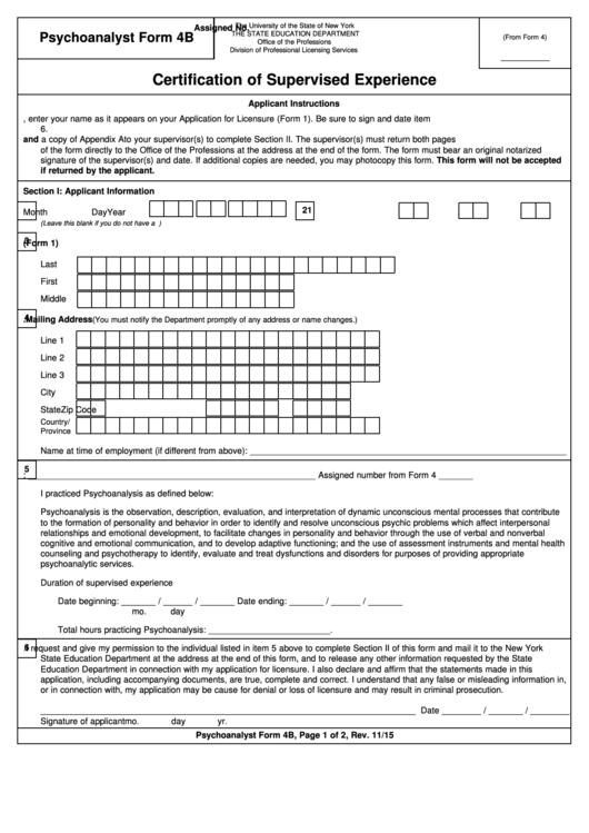 Psychoanalysis Form 4b - Certification Of Supervised Experience - 2015 Printable pdf