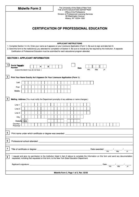 Midwifery Form 2 - Certification Of Professional Education Printable pdf
