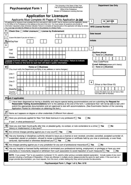 Psychoanalysis Form 1 - Application For Licensure - The University Of The State Of New York The State Education Department - 2016 Printable pdf