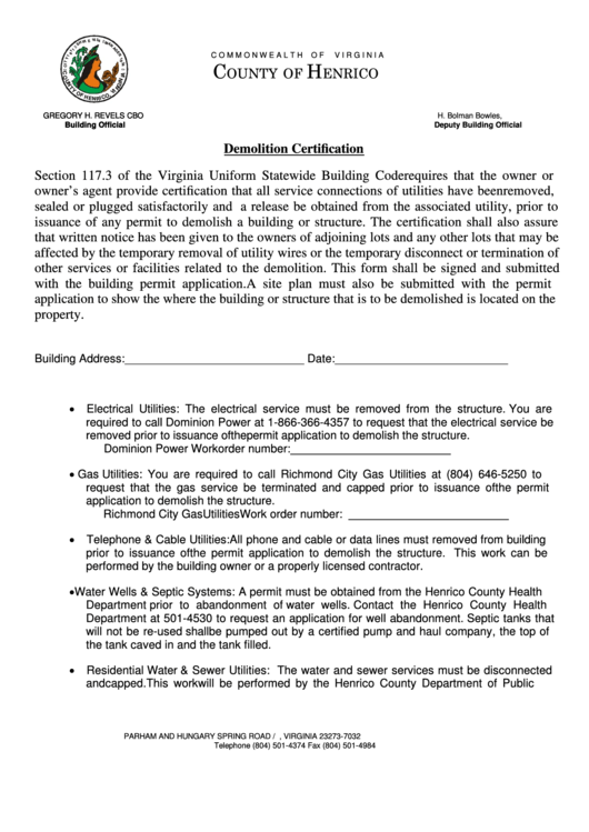 Fillable Demolition Certification Form - Virginia - County Of Henrico Printable pdf