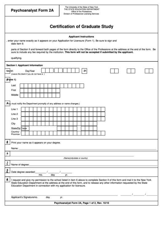Psychoanalysis Form 2a - Certification Of Graduate Study - 2010 Printable pdf