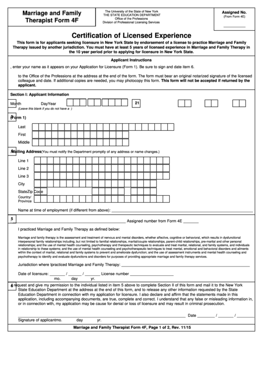 Marriage And Family Therapy Form 4f - Certification Of Licensed Experience - 2015 Printable pdf