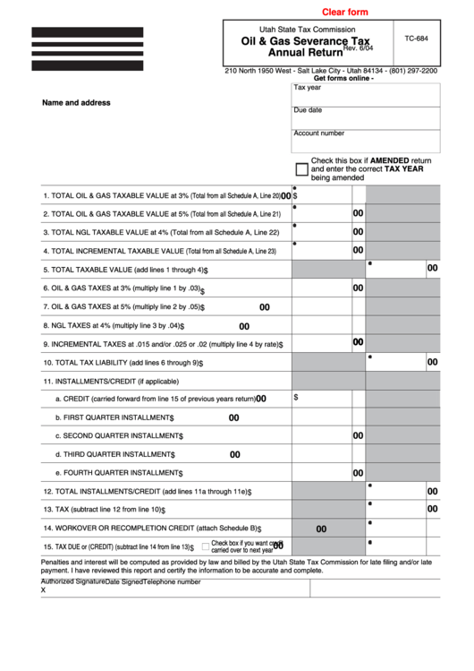 Fillable Form Tc-684 - Oil & Gas Severance Tax Annual Return Printable pdf