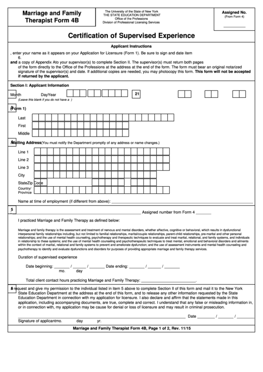 Marriage And Family Therapy Form 4b - Certification Of Supervised Experience - 2015 Printable pdf