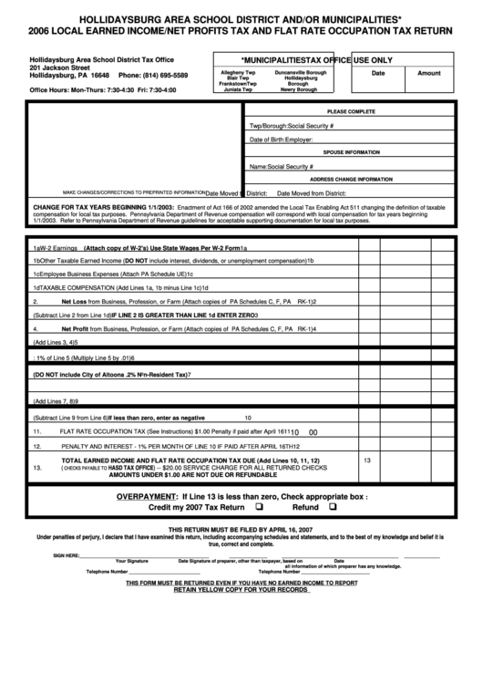 2006 Local Earned Income/net Profits Tax And Flat Rate Occupation Tax Return Form Printable pdf