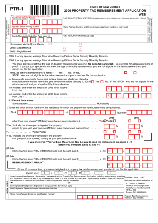 Fillable Form Ptr-1 - Property Tax Reimbursement Application - 2006 Printable pdf
