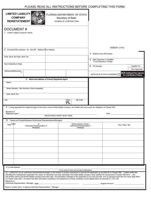 Fillable Form Cr2e041,1/14-Limited Liability Company Reinstatement-Florida Department Of State- Printable pdf