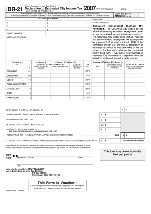 Fillable Form Br-21 - Declaration Of Estimated City Income Tax - 2007 Printable pdf