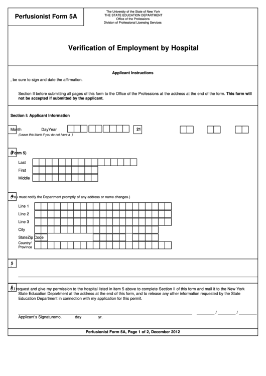 Perfusionist Form 5a - Verification Of Employment By Hospital - New York The State Education Department Printable pdf