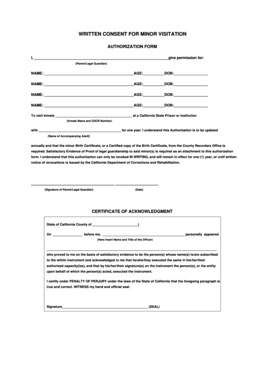 Written Consent For Minor Visitation Authorization Form - California Printable pdf