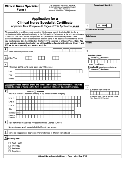 Clinical Nurse Specialist Form 1 - Application For A Clinical Nurse Specialist Certificate - 2016 Printable pdf