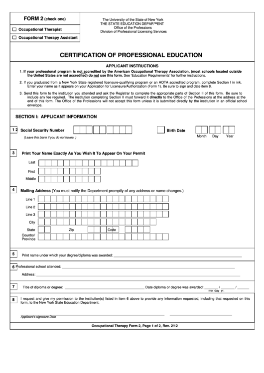 Occupational Therapy Form 2 - Certification Of Professional Education - New York The State Education Department Printable pdf