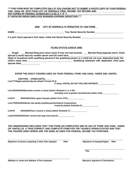 Alternative To 1040 Form - City Of Norwalk - 2006 Printable pdf