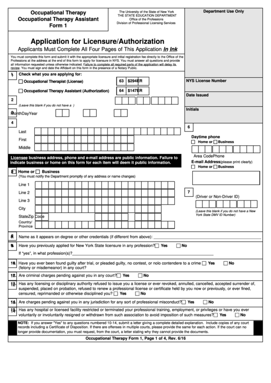 Occupational Therapy/occupational Therapy Assistant - Application For Licensure/authorization - The University Of The State Of New York The State Education Department - 2016 Printable pdf