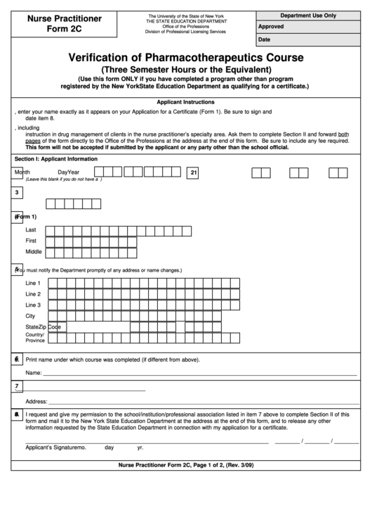 Nurse Practitioner Form 2c - Verification Of Pharmacotherapeutics Course Printable pdf