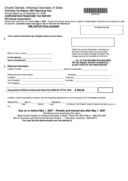 Corporation Franchise Tax Report (Non-Stock Corporation) - Arkansas Secretary Of State - 2007 Printable pdf