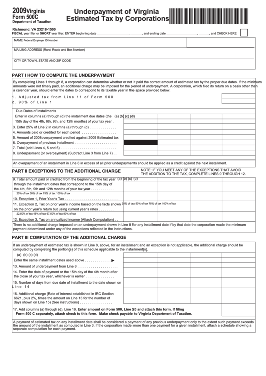 Virginia Form 500c - Underpayment Of Virginia Estimated Tax By Corporations - 2009 Printable pdf